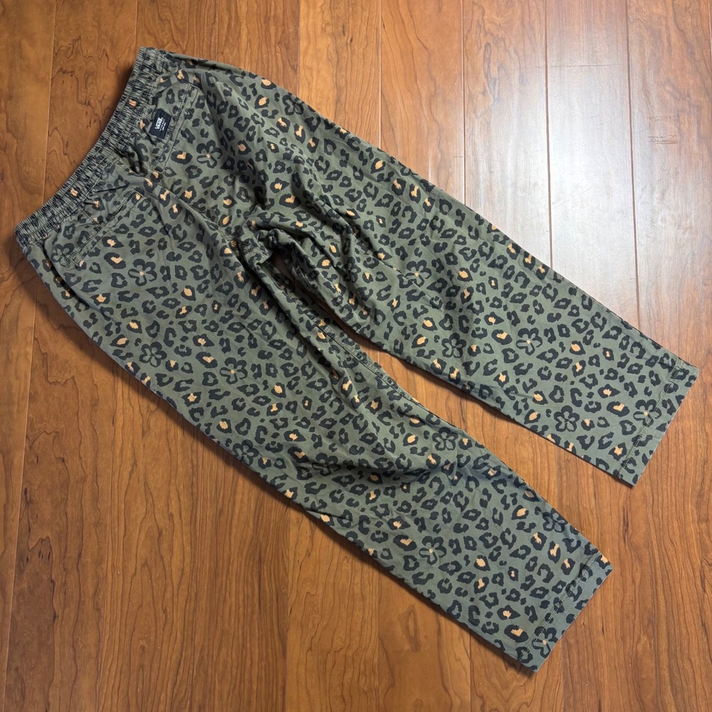 Vans Range Elastic Relaxed Fit Pants Small Green Leopard Print Skater Chino